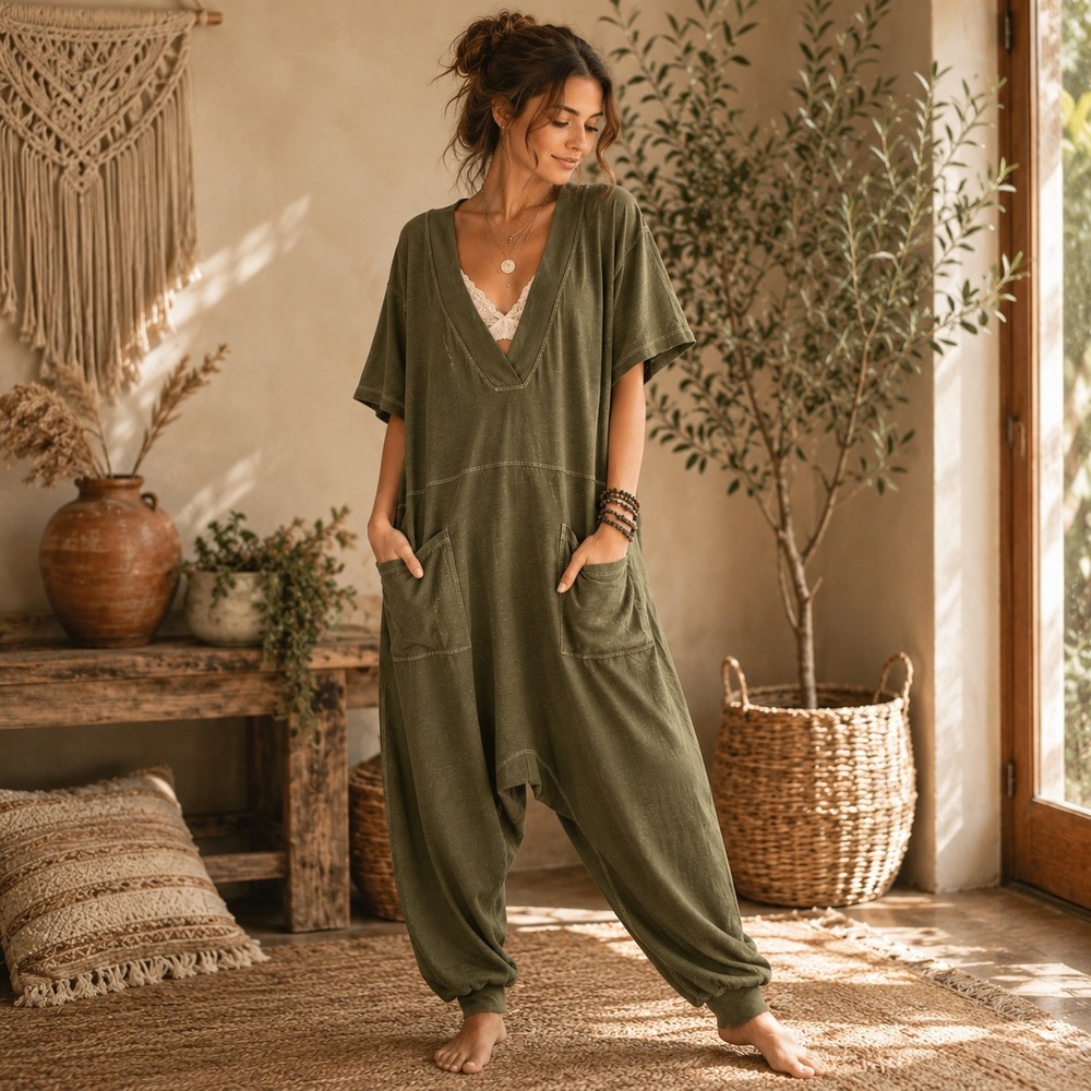 Natural Life Charlie Jumpsuit Sz M Olive Green Oversized Harem Romper Boho